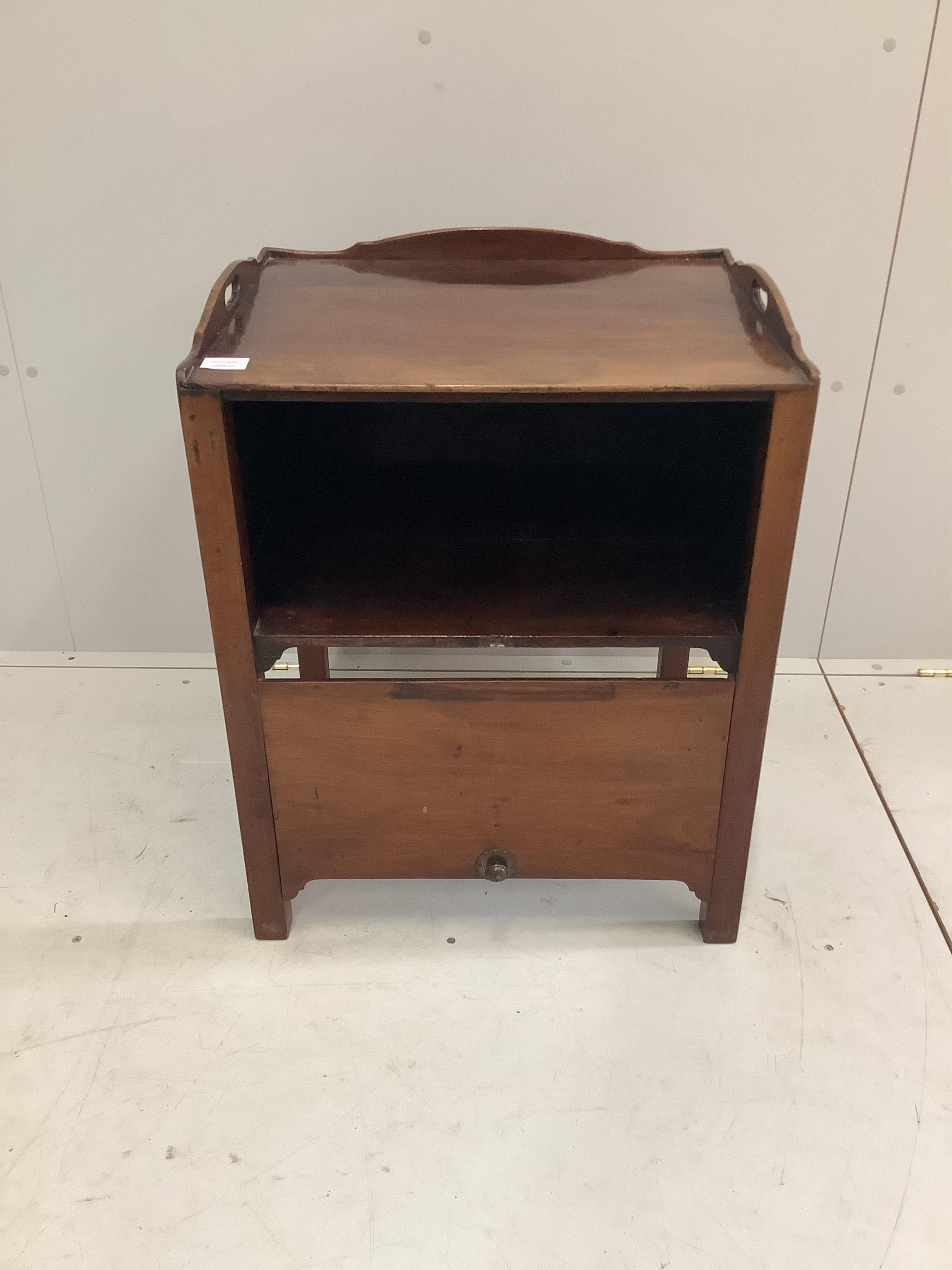 A George III mahogany tray top bedside cupboard, with dummy drawers under, (replacement hinges), width 56cm, depth 46cm, height 71cm. Condition - fair